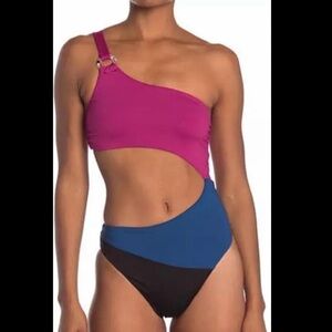 Bikini Lab Color-Blocked One-Shoulder Asymmetrical 
Cutout One-Piece Swimsuit